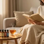 Ministry of Cannabis CBD oil assortment in a calming home wellness scene, featuring natural herbs and a cozy reading corner.