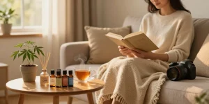 Ministry of Cannabis CBD oil assortment in a calming home wellness scene, featuring natural herbs and a cozy reading corner.