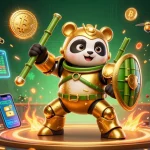 Experience thrilling action with 9Bet as the mech-suit golden panda battles in a vibrant casino arena.