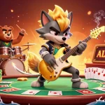 Naked rock star wolf shreds guitar on a vibrant casino stage amidst poker and gaming excitement.