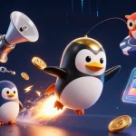 Kuwin's penguin soars through a casino-themed galaxy, embodying winning excitement!