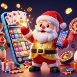 Experience jackpot excitement with mb66 in a colorful casino scene featuring Santa, reindeer, and snowman.