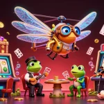 Engage in pokies payid real money action with a vibrant casino scene featuring a dragonfly pilot and frog croupier.