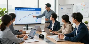 Team collaborating on PayPal merchant cash advance strategies in a modern office, showcasing financial discussions.