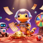 Luck88 illustrates a Martian gecko and robot at a buried golden casino, enhancing excitement in gambling.