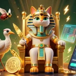 No deposit bonuses Australia casino scene showcasing a pharaoh cat, immersive gaming elements, and golden accents.
