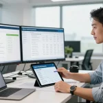 Cyber Essentials requirements being analyzed by a professional in a modern office environment, highlighting the importance of cybersecurity certification.