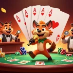 Engage in Game bài with vibrant hyena characters in a lively comedy casino scene.
