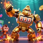 Experience the excitement of xo88 with a striking golden gorilla mech surrounded by vibrant casino elements.