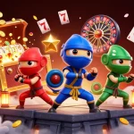 wolfwinner showcases a dynamic 3D casino scene with chameleon ninjas and vibrant gaming elements