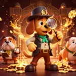 Detective bloodhound investigating a golden poker chip at the fastest payout online casino.