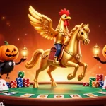 Experience the best online pokies real money with a vibrant casino scene featuring a golden rooster and slot machines.