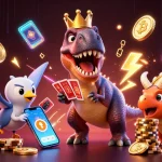 sunwin T-Rex shuffles cards with crypto coins in vibrant 3D casino scene
