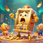 Experience thrilling wins at 8xbet: Cartoon slot machine hits jackpot amid gold coins and cheering companions.