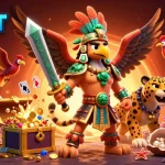Engage with 8XBET in an electrifying casino scene featuring Aztec warriors and vibrant themed elements.