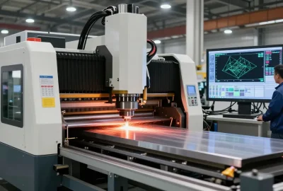 Hydraulic CNC press brake machine in a modern manufacturing setup, showcasing advanced technology and precision engineering.